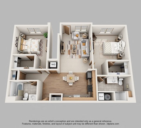 Floor plan for 2 beds, 2 baths, 1160 sqft
